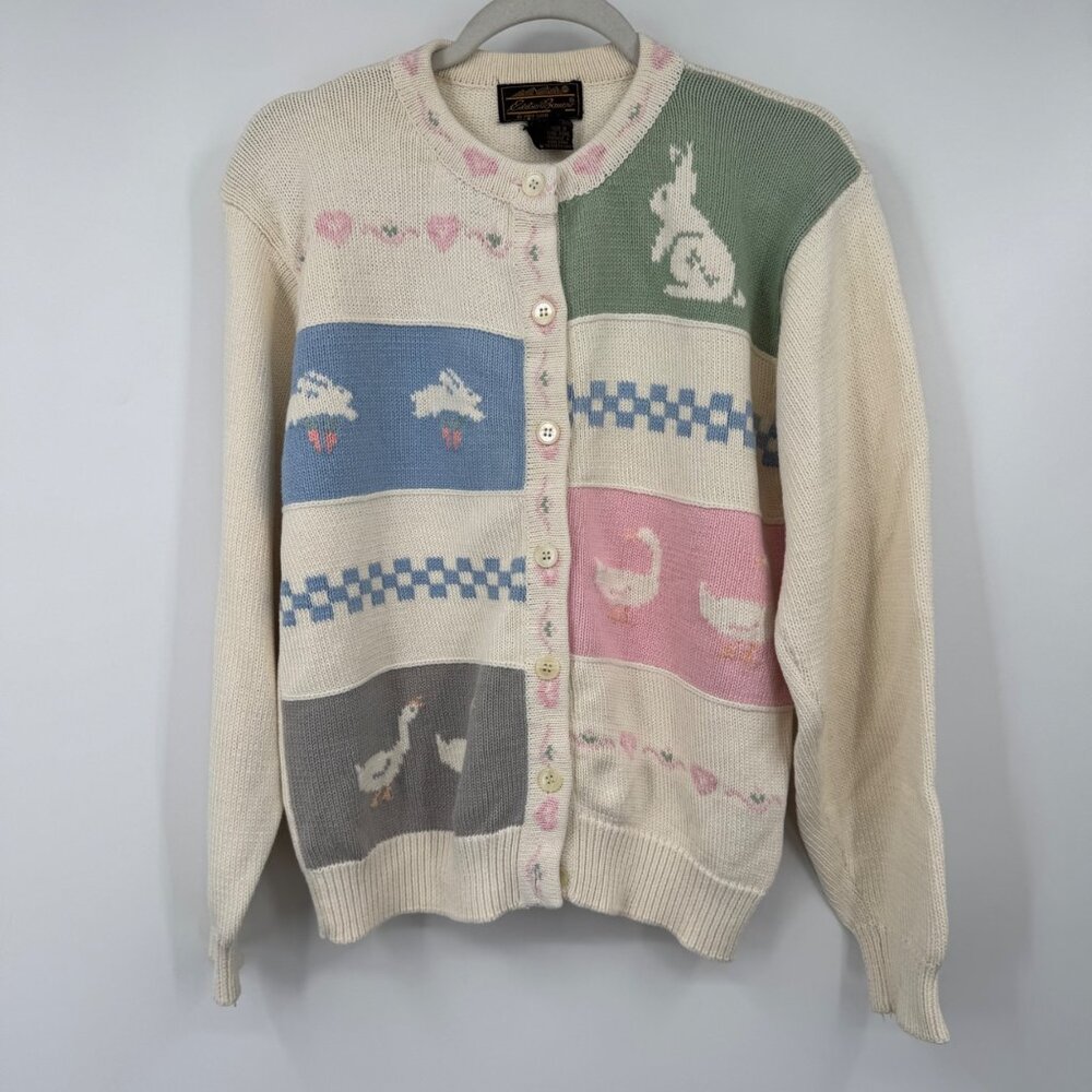 Vintage Eddie Bauer Cotton  Cardigan Sweater Patchwork Farm Scene Geese Cats Tre